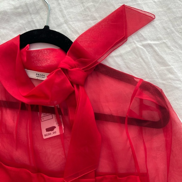 NWT red Prada asymmetrical button up top with sheer sleeves and bow - Picture 3 of 6